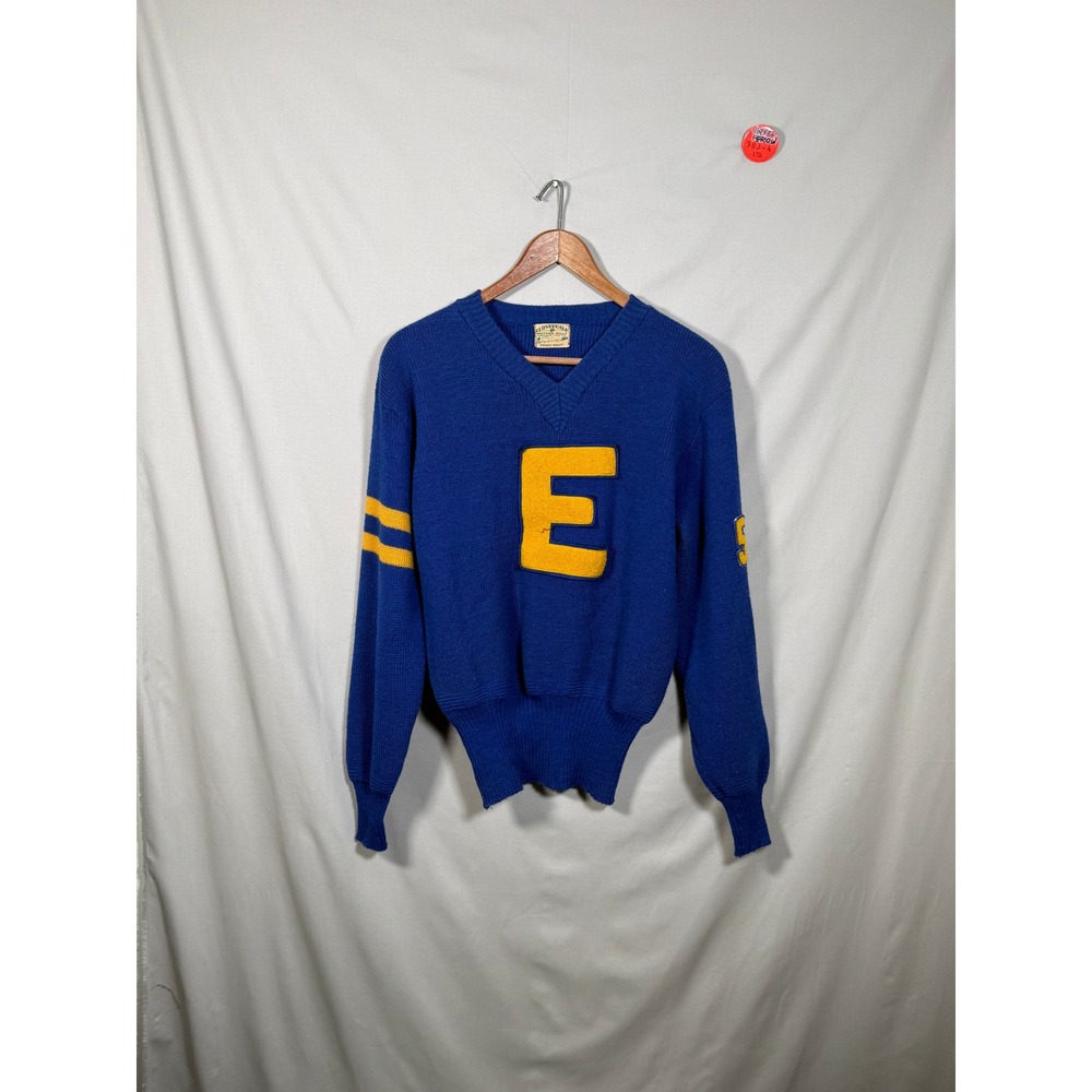 Vintage Cloverdale Knitting Mills Varsity Letterman Sweater Blue Yellow Patch E